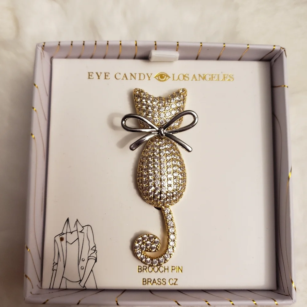Eye Candy Los Angeles Gold Cat Brooch Pin Brass Zirconia